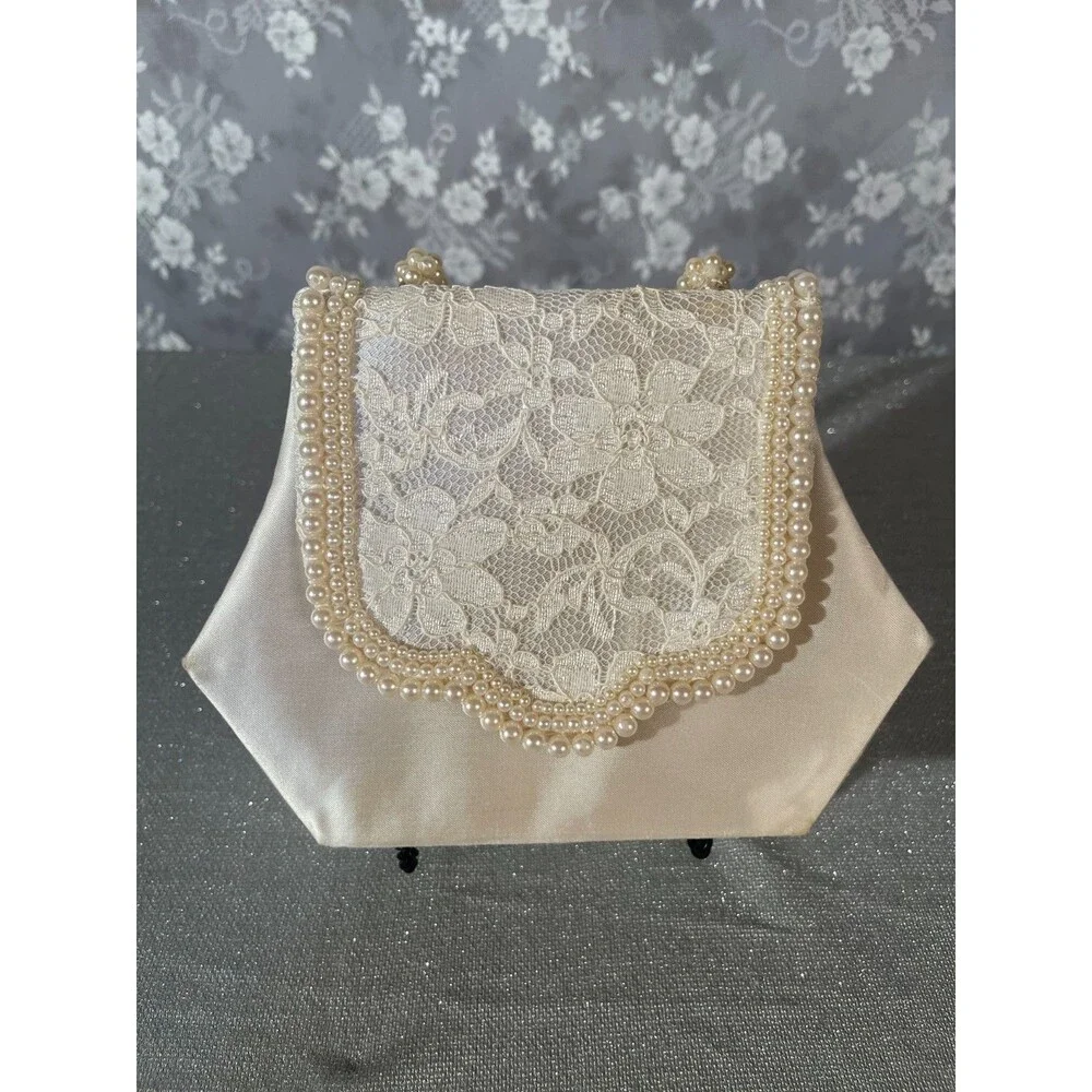 Vintage 80s Mini Purse 1980s Retro White Satin Faux Pearl Bridal Bachelorette